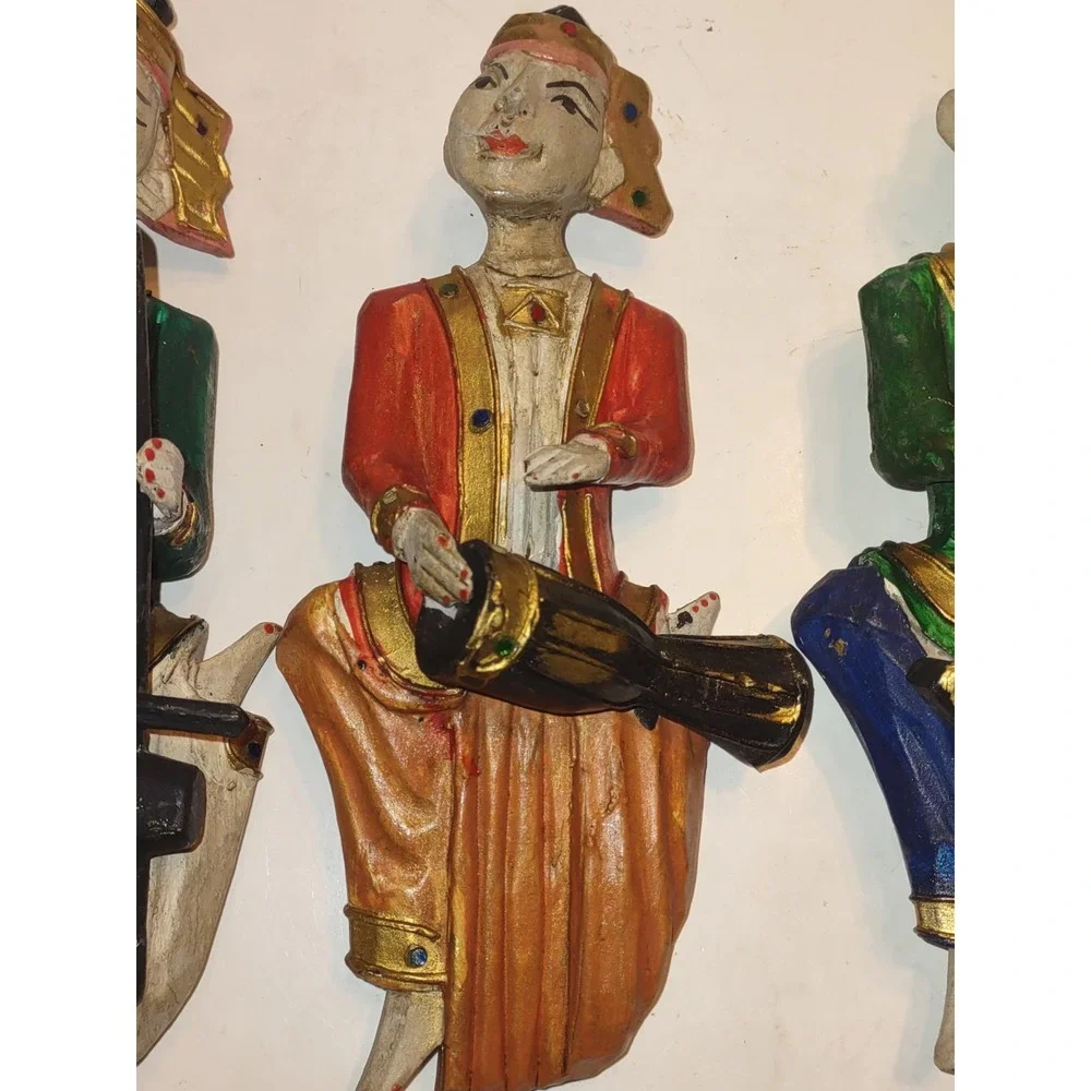 Vintage Hard Covered Wooden Musicians Wall Hanger Figurine Set of 4 Thailand 10